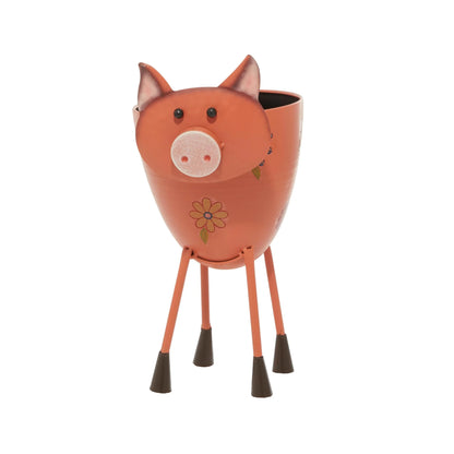 Pink Metal Pig Indoor Outdoor Planter with Floral Accents, 8" X 14" X 16"