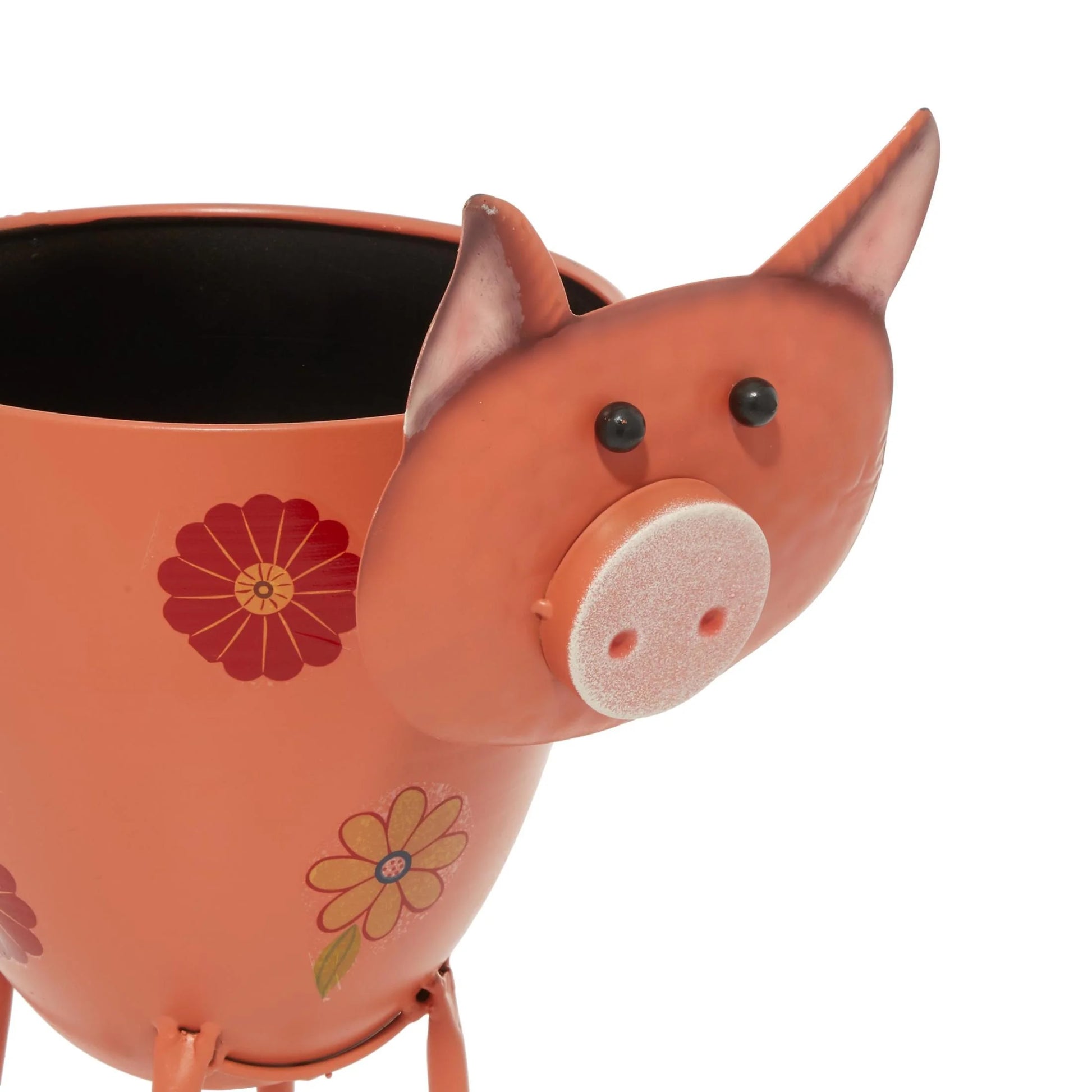Pink Metal Pig Indoor Outdoor Planter with Floral Accents, 8" X 14" X 16"