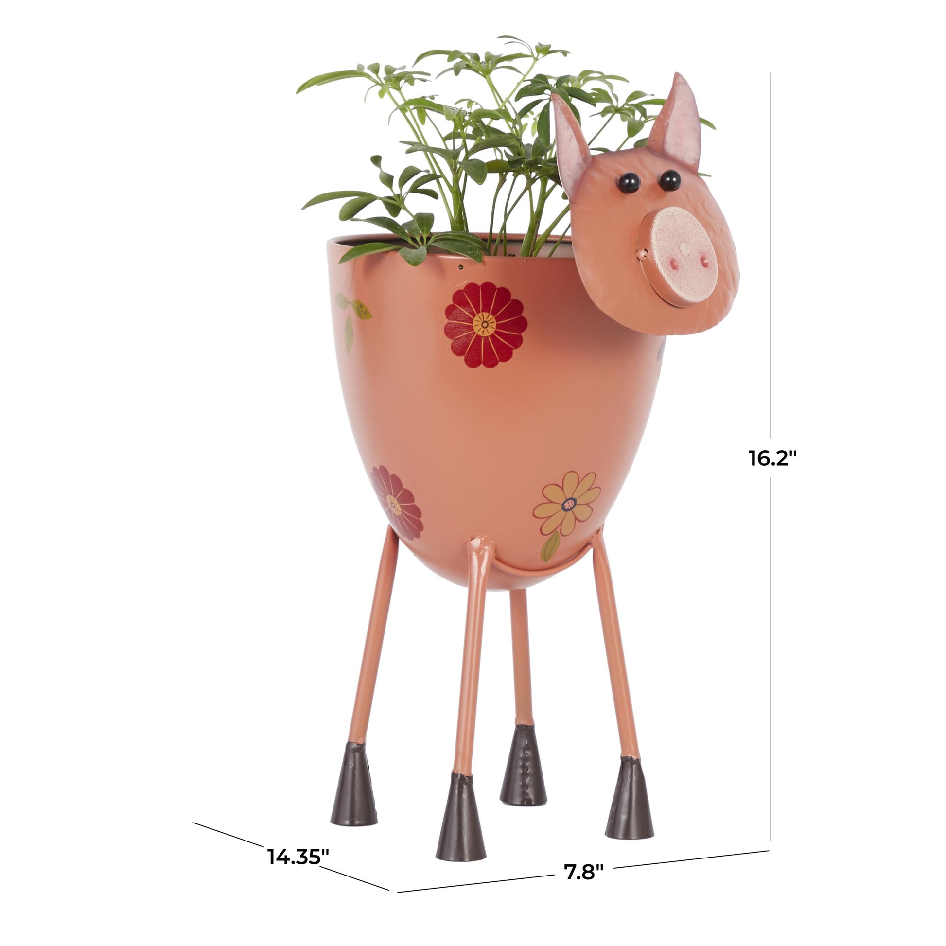 Pink Metal Pig Indoor Outdoor Planter with Floral Accents, 8" X 14" X 16"