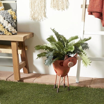 Pink Metal Pig Indoor Outdoor Planter with Floral Accents, 8" X 14" X 16"